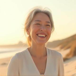 해변을 산책하며 웃고 있는 중년 여성 고객